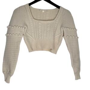 Jonathan Simkhai Wool Cable Knit Sweater S Ivory Puff Sleeve Crop Cottage Boho‎